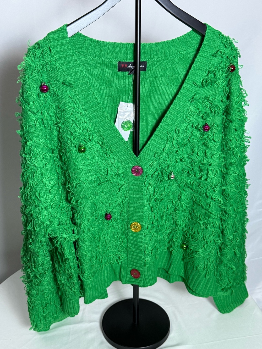 32 Degrees Bright Christmas Green V-Neck Cardigan with Multicolor Buttons